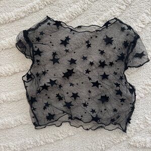 Black Mesh Star Cropped Sheer Top Y2K